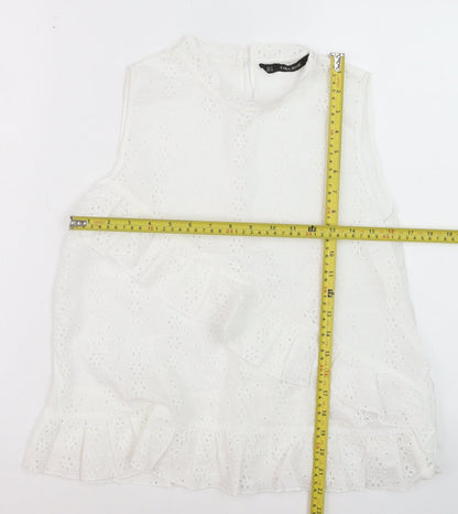 Zara Women White Sleeveless Lace Ruffle Blouse Size S