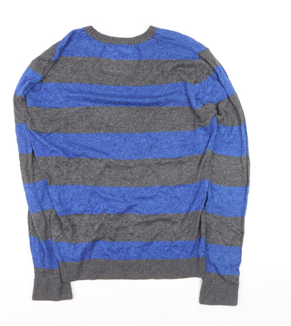 Hollister Men’s Blue Grey Striped Crew Neck Pullover Jumper M