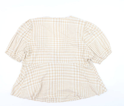 Marks and Spencer Women Beige Check Linen Blend Wrap Blouse Size 18