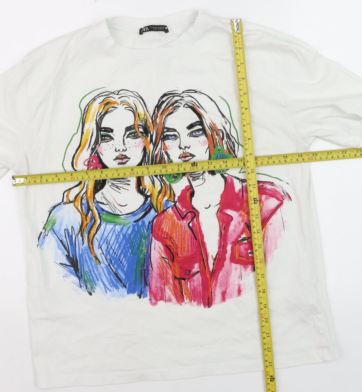 Zara Women White Graphic Art T-Shirt Size 12 Short Sleeve Cotton