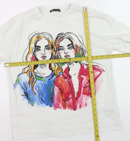 Zara Women White Graphic Art T-Shirt Size 12 Short Sleeve Cotton