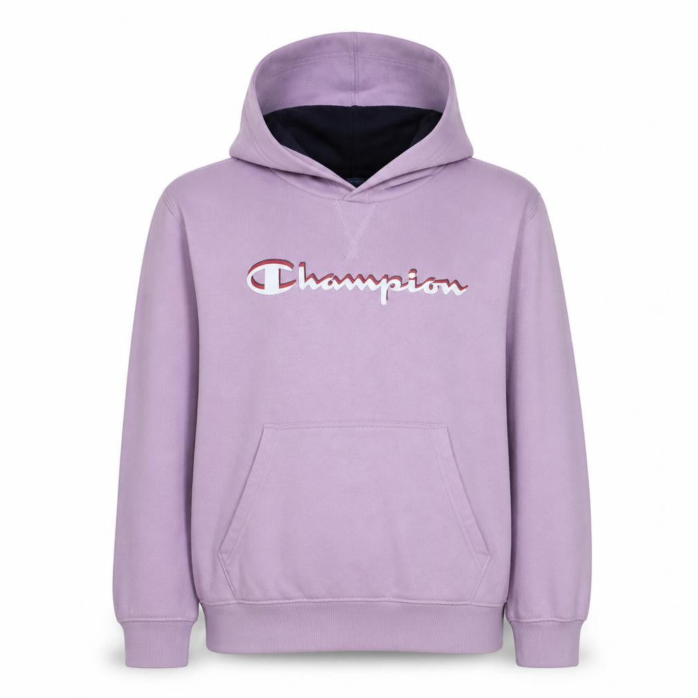 Front view of Champion girls’ pink pullover fleece hoodie 15-16 years logo sweatshirt