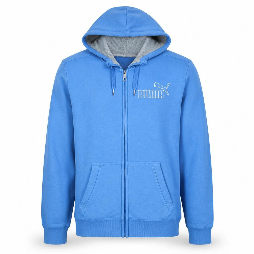 Front view of Puma Men's Blue Full Zip Hoodie, size L, Sports Fleece Sweatshirt