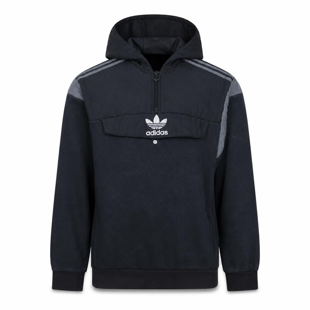 Front view of Adidas boys’ black 1/2 zip pullover hoodie with grey stripes, size 15-16, years