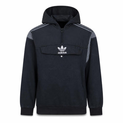 Front view of Adidas boys’ black 1/2 zip pullover hoodie with grey stripes, size 15-16, years