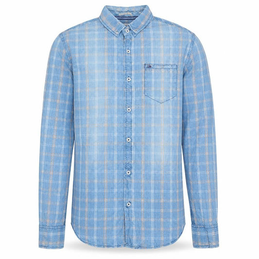 Front view of Hilfiger Denim Men's Blue Plaid Button-Up Shirt, size S