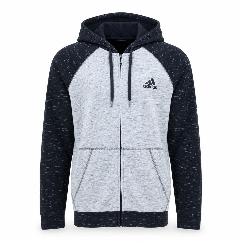 Front view of Adidas Men's Grey Full Zip Hoodie, size S, Sportswear