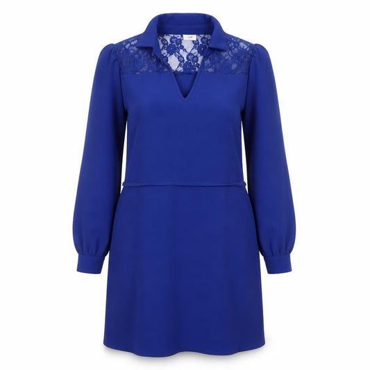 Front view of JDY Women's Blue Lace Collared Long Sleeve Shift Dress, size S