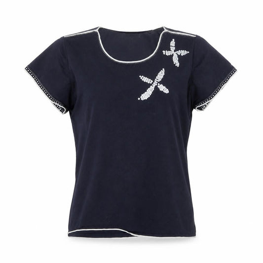 Front view of Gerard Women's Blue Sequin Short Sleeve Jersey T-Shirt M