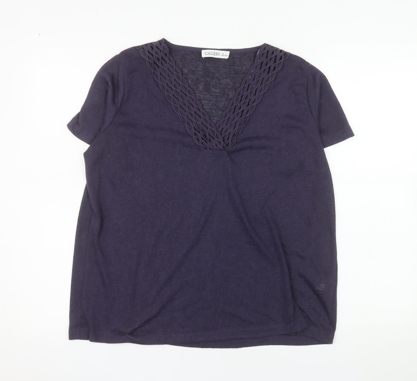 Gallery Women’s Purple Short Sleeve V-Neck Crochet Trim T-Shirt Size L