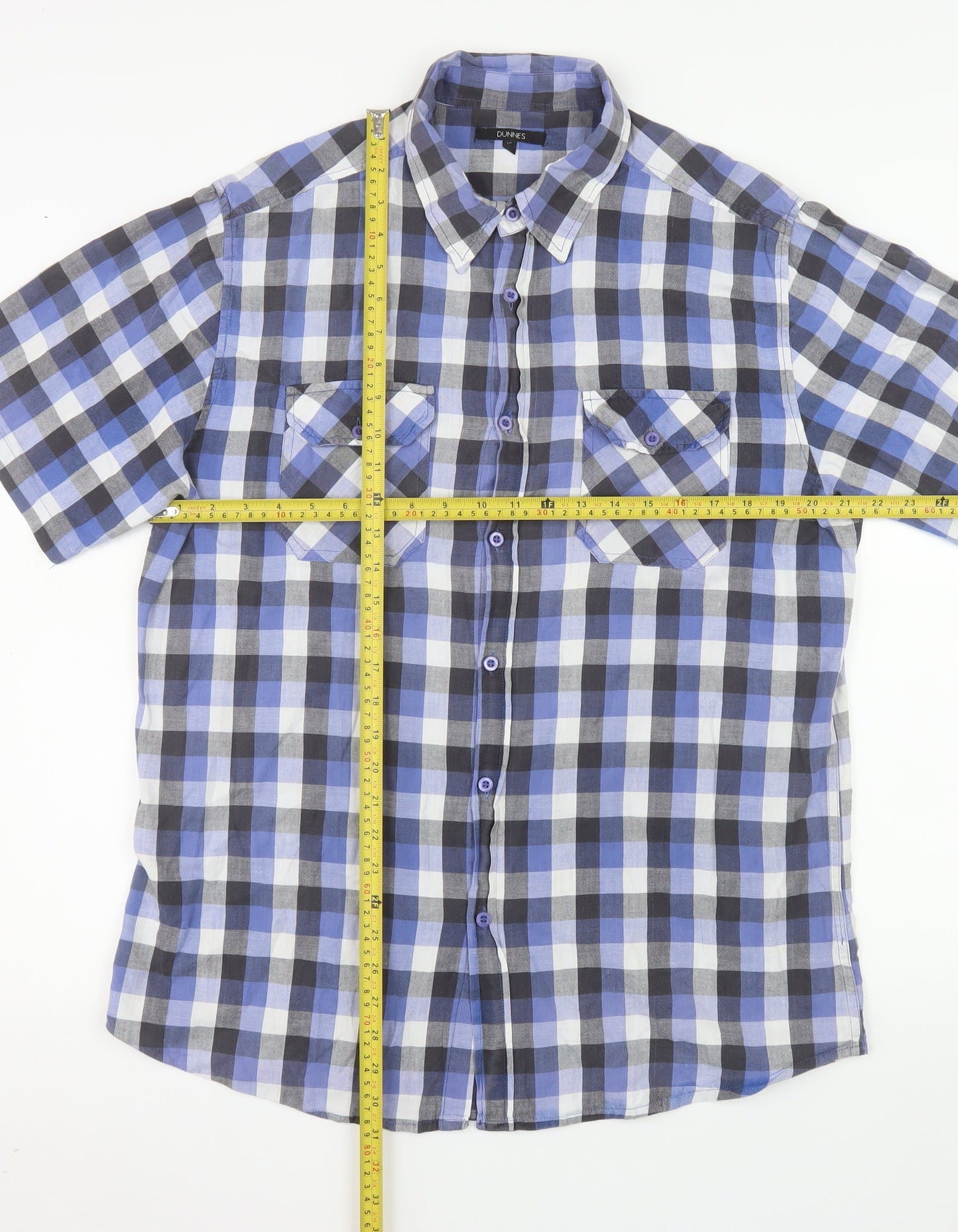 Dunnes Men Blue/Grey Checked Cotton Short Sleeve Button-Up Shirt XL