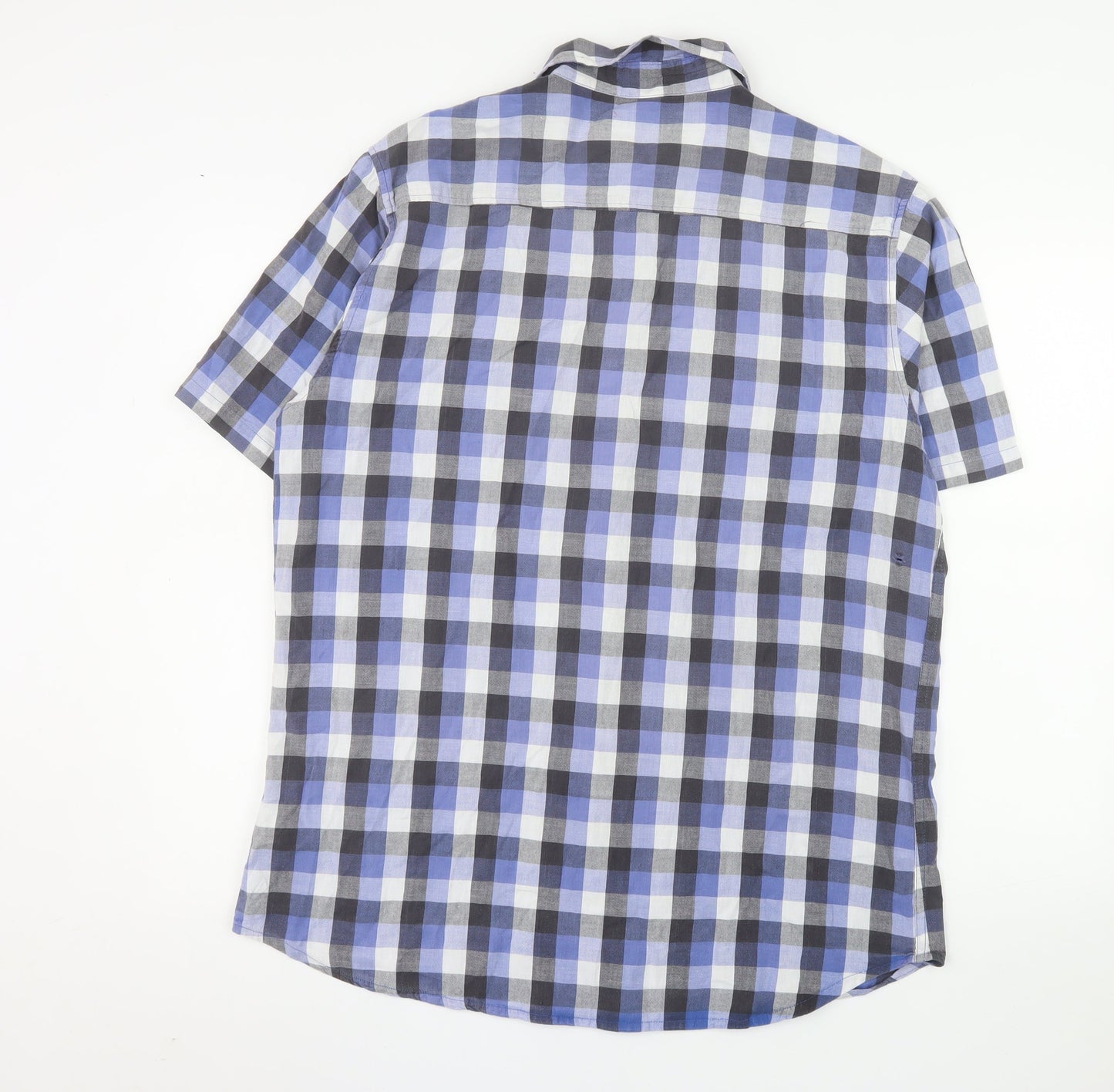 Dunnes Men Blue/Grey Checked Cotton Short Sleeve Button-Up Shirt XL