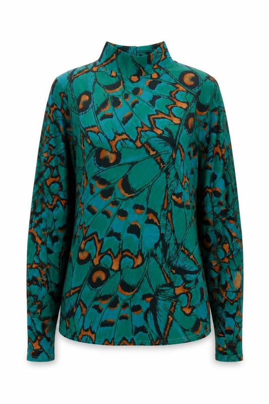 Front view of Gallery Women’s Green Butterfly Print Tunic Blouse, size S