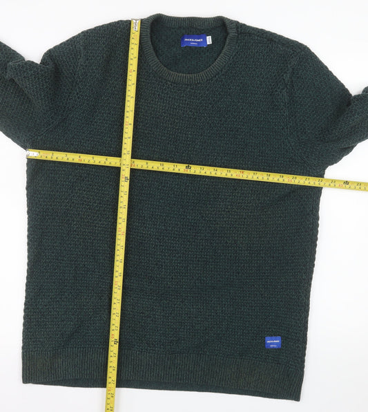 Jack & Jones Men's Green XL Cotton Chunky Knit Crew Neck Jumper
