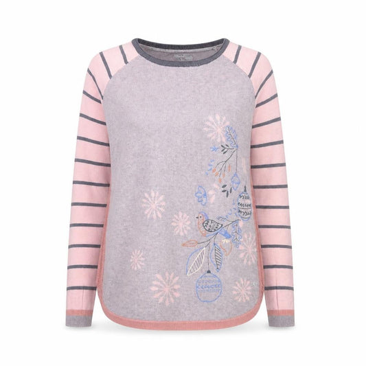 Front view of Mantaray women’s purple pink striped jumper, size UK 10, embroidered bird design