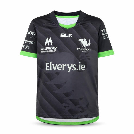 Front view of BLK Connacht Rugby boys’ black 8 years short sleeve jersey t-shirt