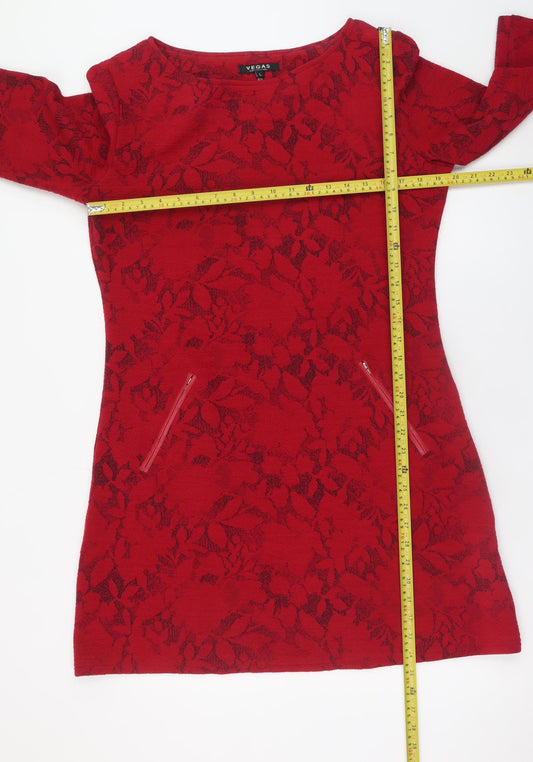 Vegas Women’s Red Floral Knit Shift Dress Size L 3/4 Sleeve