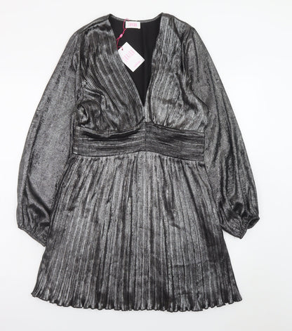 Savida Women’s Silver Pleated Skater Dress Size 10 Long Sleeve Partywear