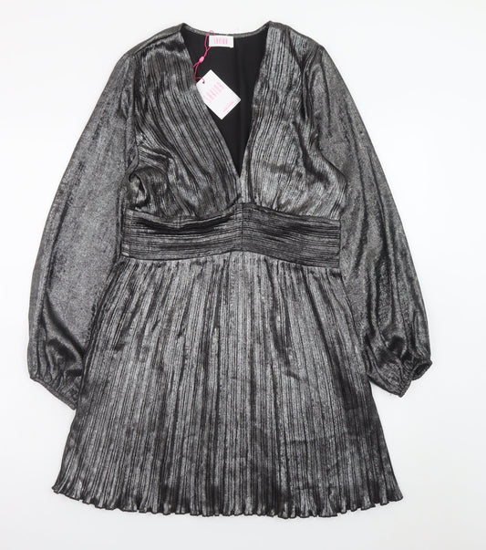 Savida Women’s Silver Pleated Skater Dress Size 10 Long Sleeve Partywear