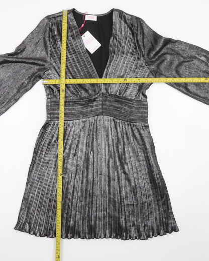 Savida Women’s Silver Pleated Skater Dress Size 10 Long Sleeve Partywear