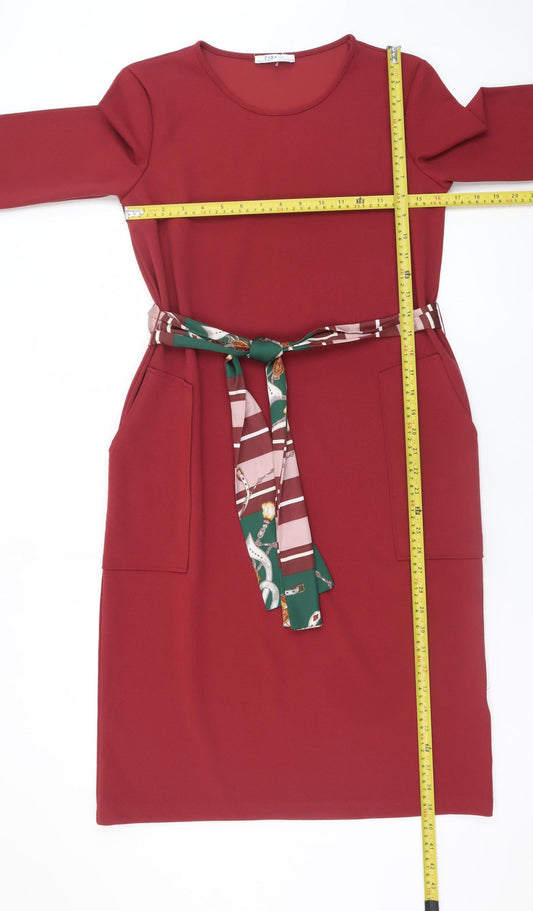 Zara Women Red Shift Knit Belted Knee Length Dress Size S