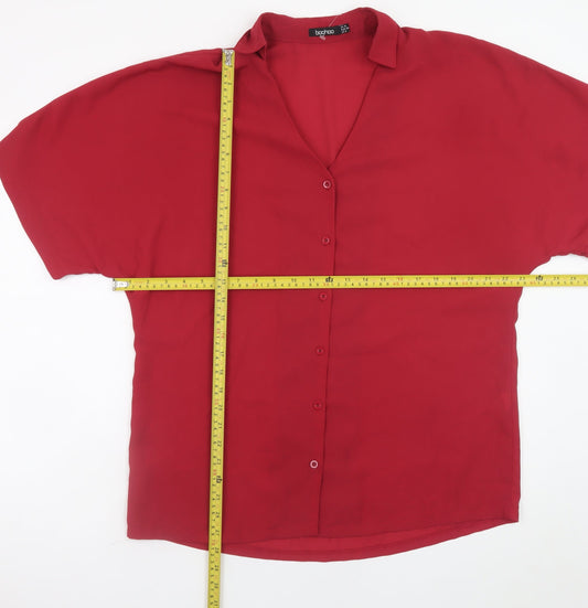 Boohoo Women's Red Short Sleeve Button-Up Relaxed Blouse UK 10