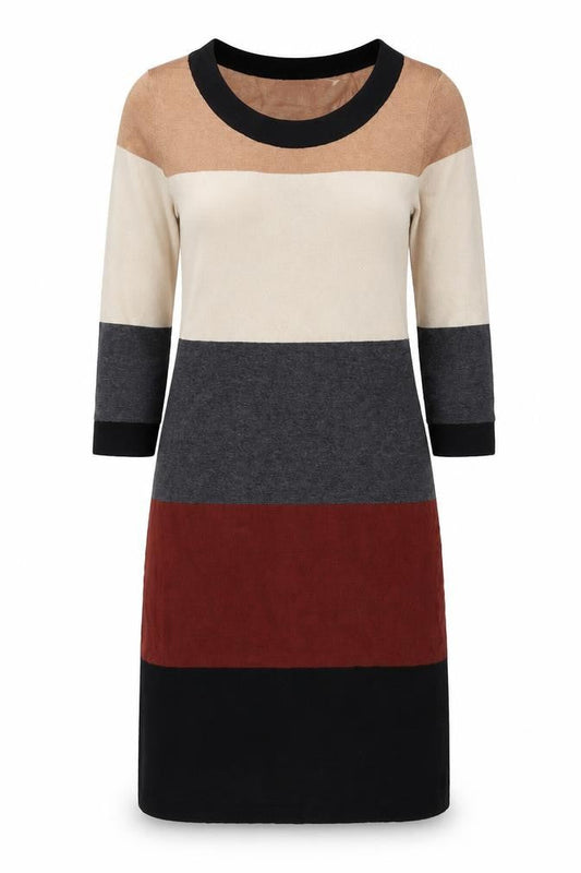 Front view of Dunnes Women’s Beige Black Grey Colourblock Knit Shift Dress, size UK 10