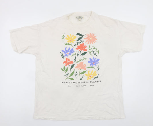 Brave Soul Men's Beige Floral Graphic Print Crew Neck T-Shirt Size L