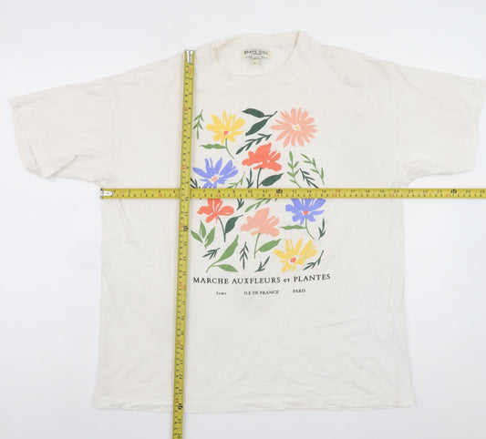 Brave Soul Men's Beige Floral Graphic Print Crew Neck T-Shirt Size L