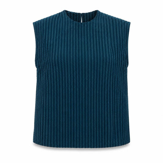 Front view of Gallery Women’s Blue Velvet Sleeveless Blouse, size UK 14
