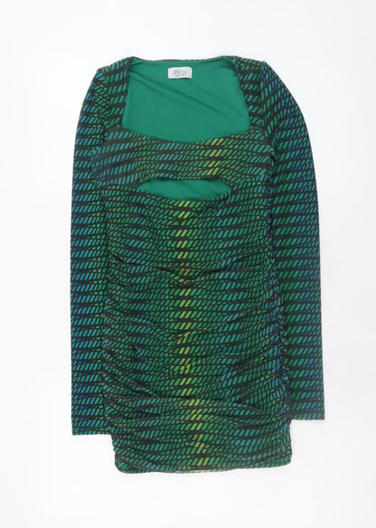Oh Polly Women Green Bodycon Short Dress Size 8 Long Sleeve Ruched