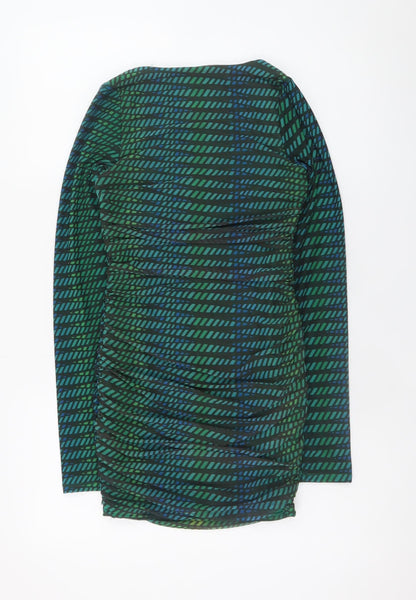 Oh Polly Women Green Bodycon Short Dress Size 8 Long Sleeve Ruched