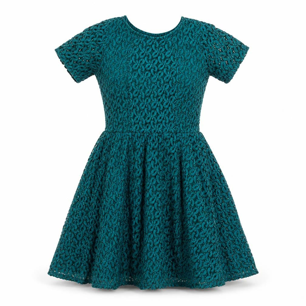 Front view of ASOS Women’s Green Lace Skater Dress, size UK 12, Short Sleeve Party Style
