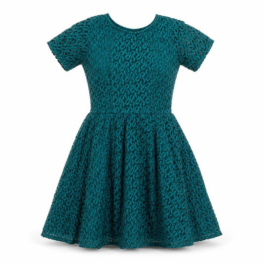 Front view of ASOS Women’s Green Lace Skater Dress, size UK 12, Short Sleeve Party Style