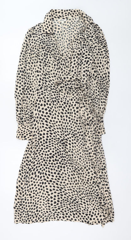 Koton Women’s Beige Animal Print Wrap Dress Size 6 Long Sleeve