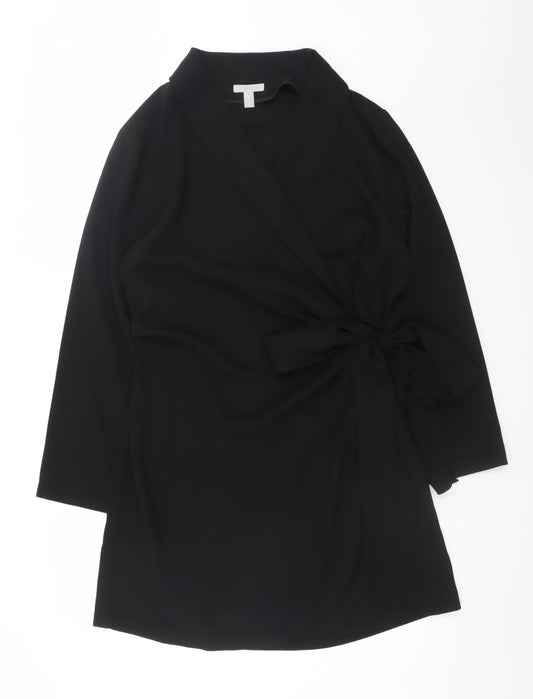 H&M Women Black Size 16 Wrap Dress Long Sleeve Belted