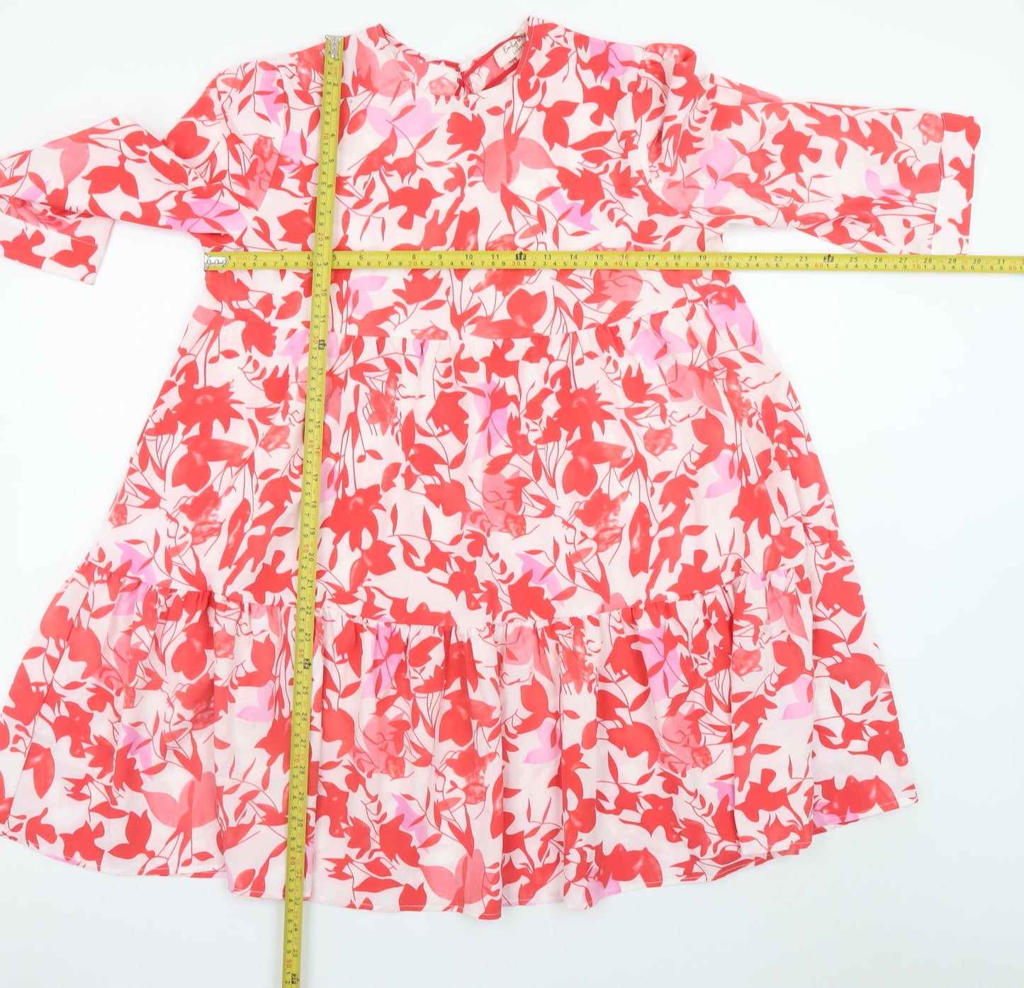 Emily & Me Womens Red Floral Shift Dress L 3/4 Sleeve Knee Length