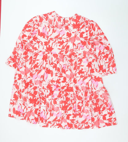 Emily & Me Womens Red Floral Shift Dress L 3/4 Sleeve Knee Length