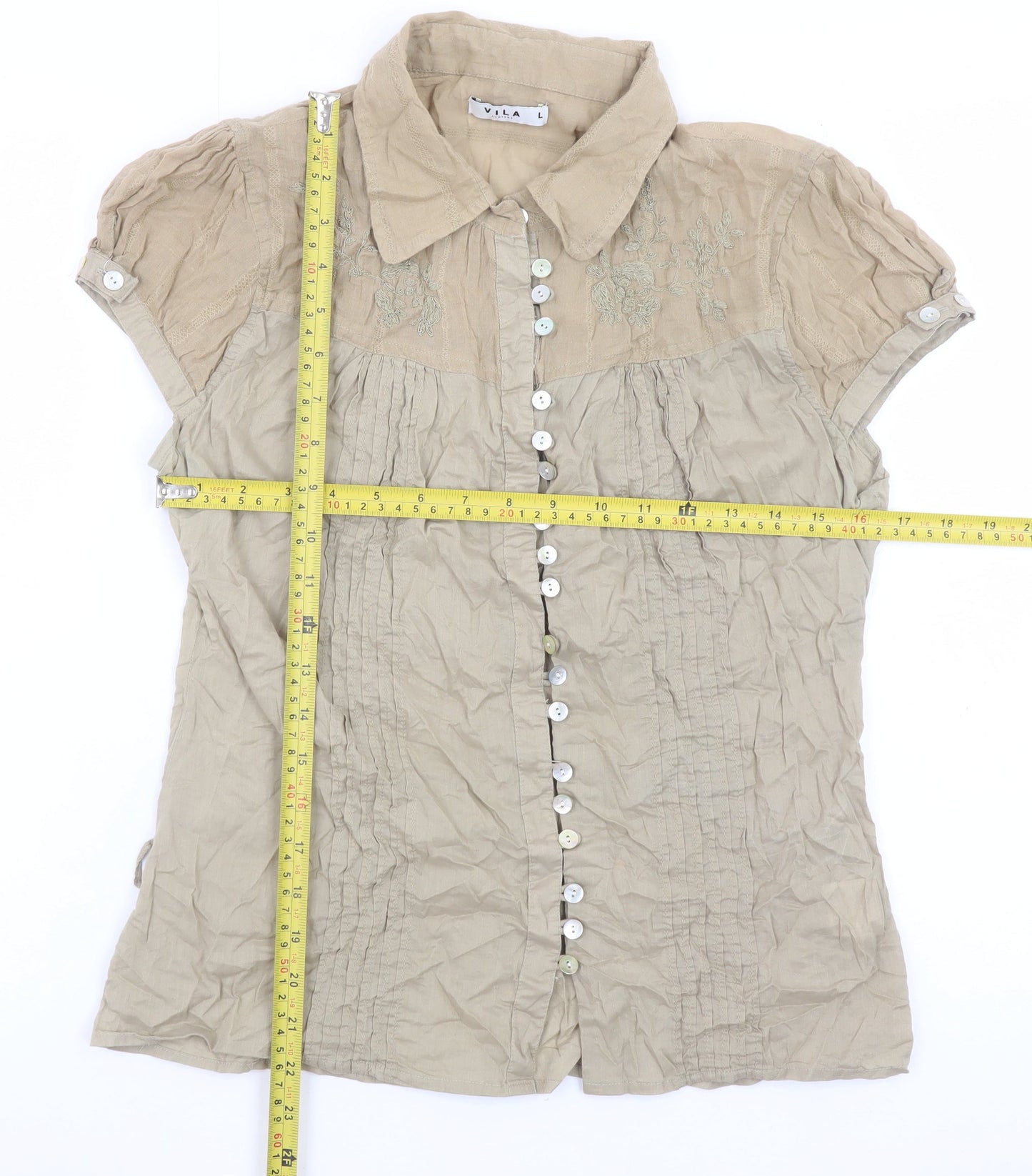 Vila Womens Beige Embroidered Button-Up Blouse Short Sleeve L