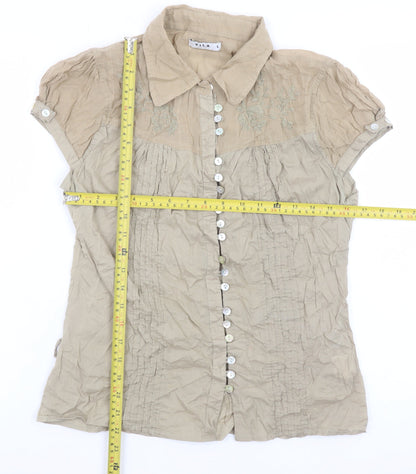Vila Womens Beige Embroidered Button-Up Blouse Short Sleeve L