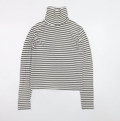 ZARA Women White Black Striped Roll Neck Long Sleeve Cotton Top L