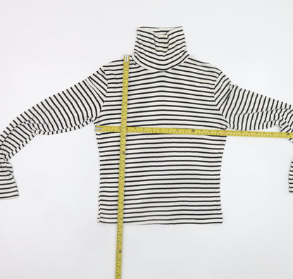 ZARA Women White Black Striped Roll Neck Long Sleeve Cotton Top L