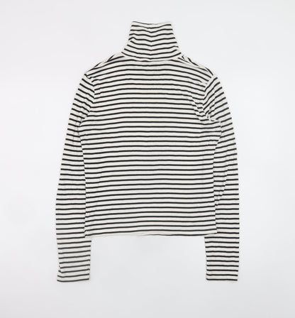 ZARA Women White Black Striped Roll Neck Long Sleeve Cotton Top L
