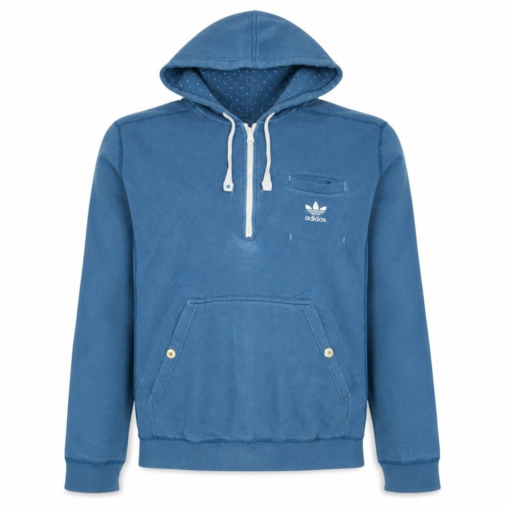 Front view of Adidas Men's Blue 1/2 Zip Hoodie, size L, Logo Sportswear