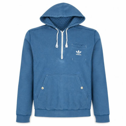 Front view of Adidas Men's Blue 1/2 Zip Hoodie, size L, Logo Sportswear