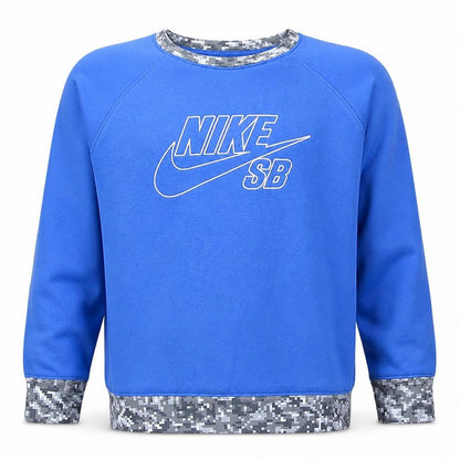 Front view of Nike SB boys’ blue crew neck sweatshirt xl 13-15 years camo trim