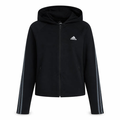 Front view of Adidas women’s black full zip hoodie, size UK 8-10, fleece lined sportswear