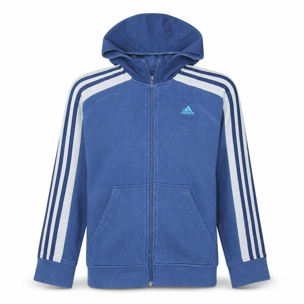 Front view of Adidas boys’ blue full zip hoodie, size 13, years logo sportswear