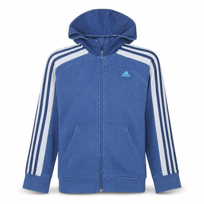 Front view of Adidas boys’ blue full zip hoodie, size 13, years logo sportswear