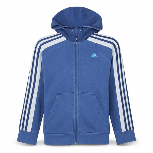 Front view of Adidas boys’ blue full zip hoodie, size 13, years logo sportswear